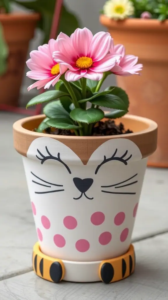 A playful cat-themed flower pot with pink flowers