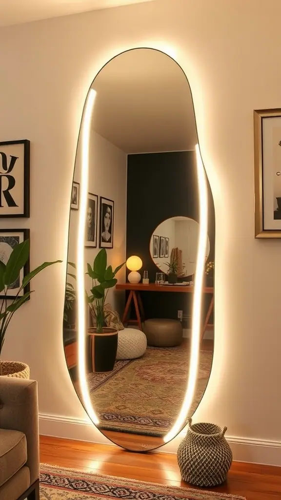 A modern, uniquely shaped mirror with glowing edges in a cozy interior setting.