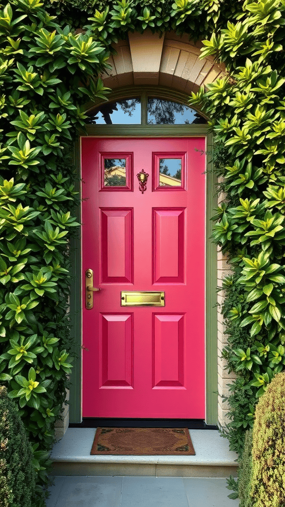 A bright pink door surrounded by lush green plants and a welcome mat