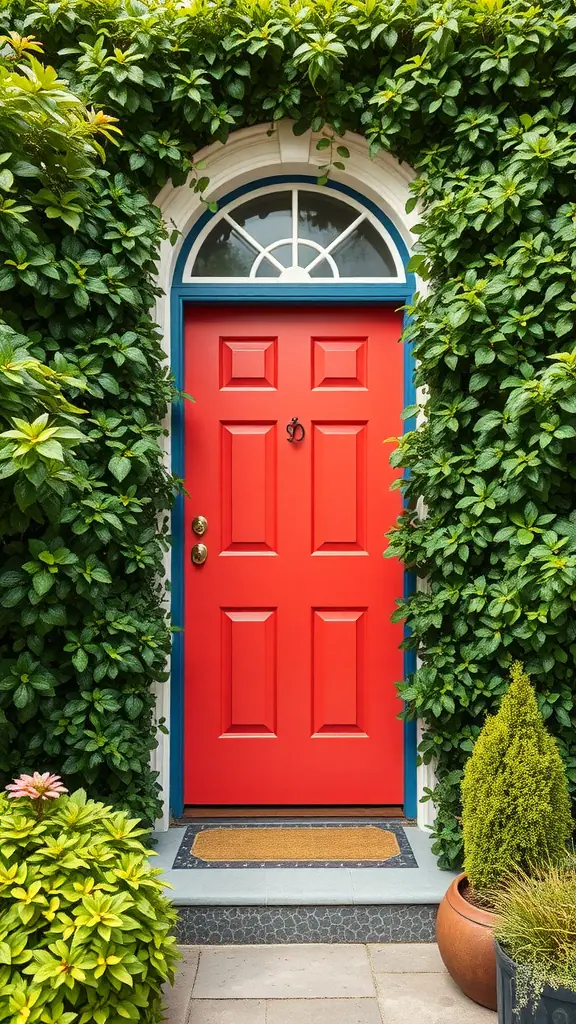 A bright red door framed by lush green plants and flowers.