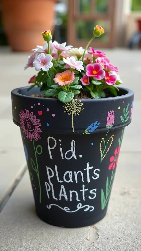A black chalkboard paint pot with colorful flowers and handwritten text.