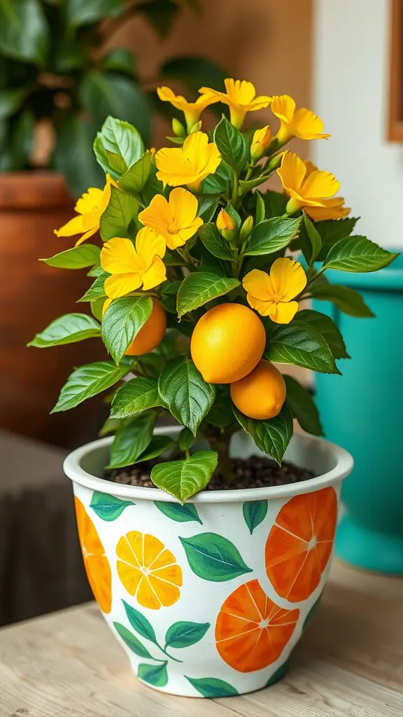 A potted plant with yellow flowers and bright oranges, featuring a decorative pot with citrus patterns.