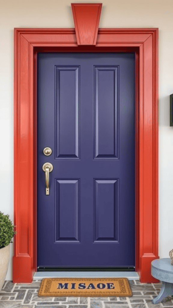 Bright red door frame around a purple door with a welcome mat.
