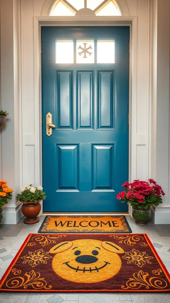 A colorful door mat with a smiling dog face and the word 'WELCOME' in front of a blue door.