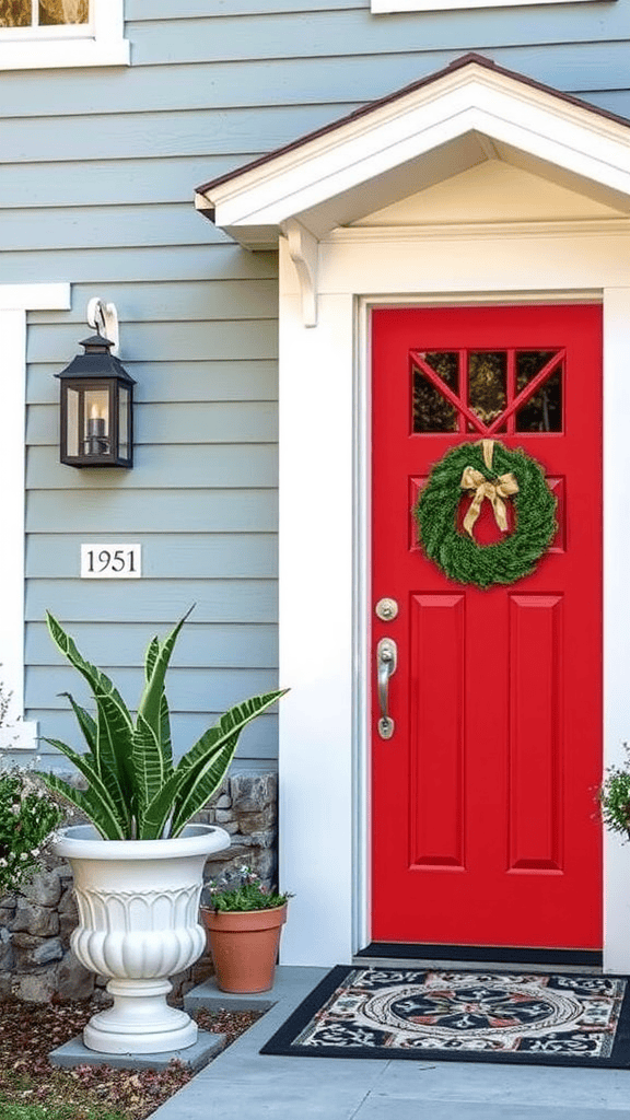 A red door with a wreath on a blue house, featuring plants in pots and a black lantern.