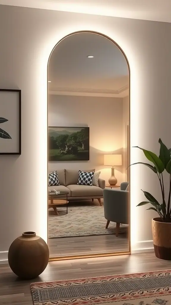 A well-decorated small room featuring a large illuminated mirror, a cozy sofa, and decor elements.