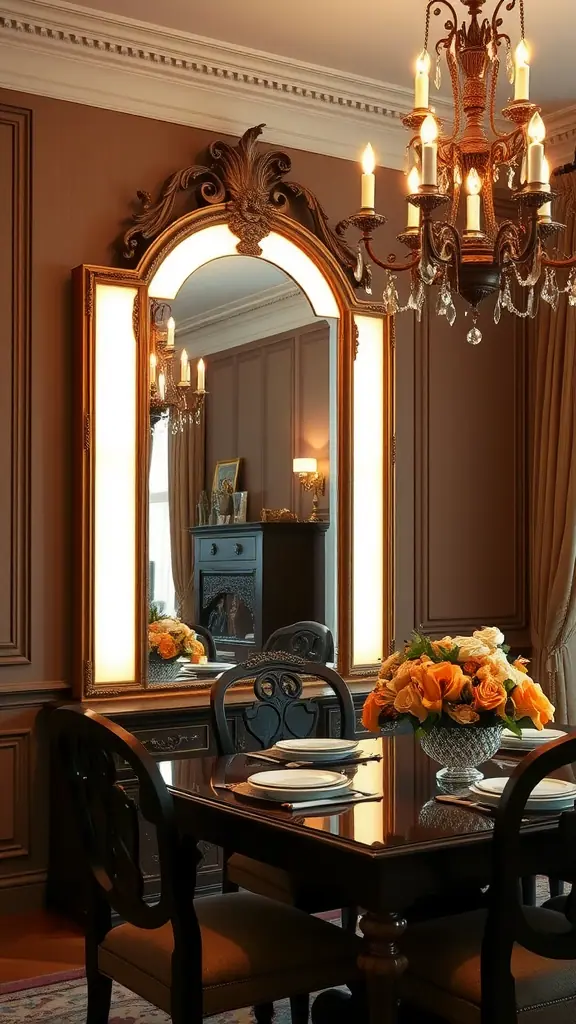 Elegant dining room featuring a backlit mirror and a chandelier.