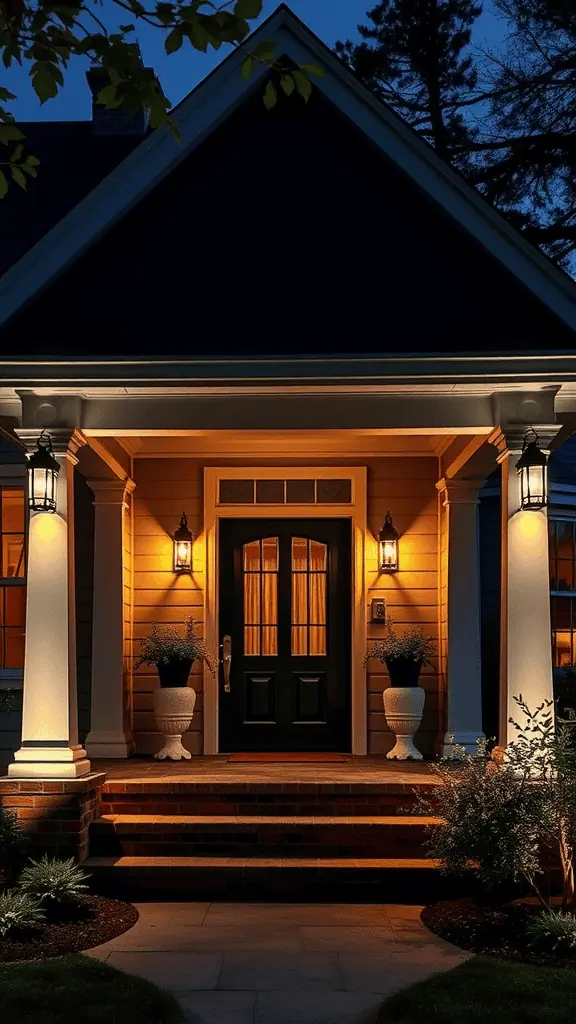 A beautifully lit front porch with decorative lanterns and potted plants