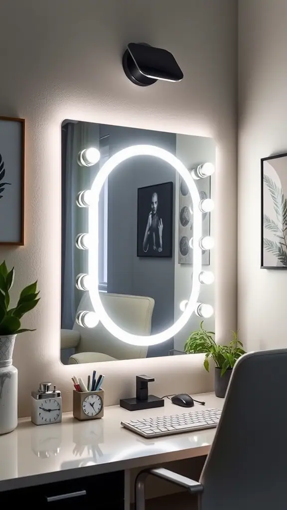 A modern backlit mirror with adjustable lights, surrounded by stylish decor.