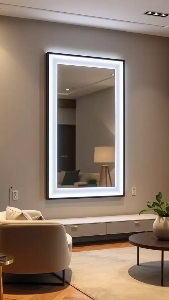 A modern living room featuring a well-lit mirror, a stylish chair, and a round coffee table.