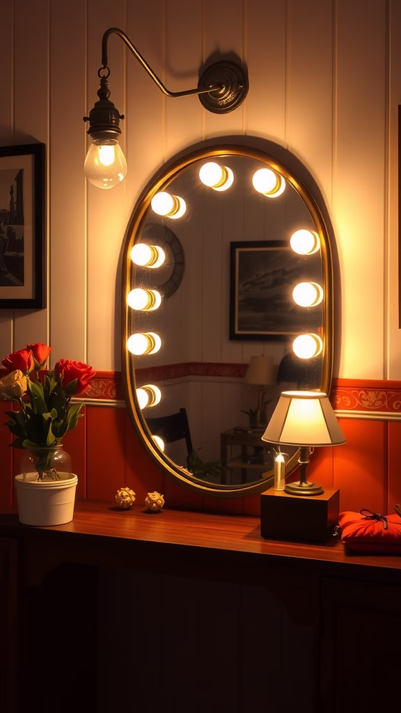 A vintage-style room featuring a mirror surrounded by modern light bulbs, complemented by a small lamp and flowers.