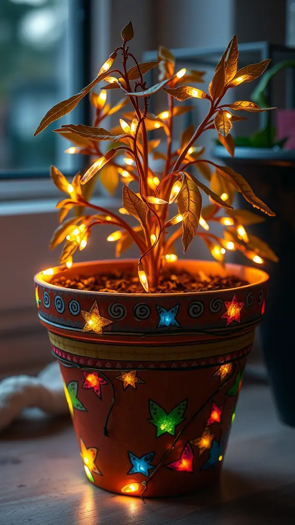 A decorative plant with warm fairy lights in a colorful pot.