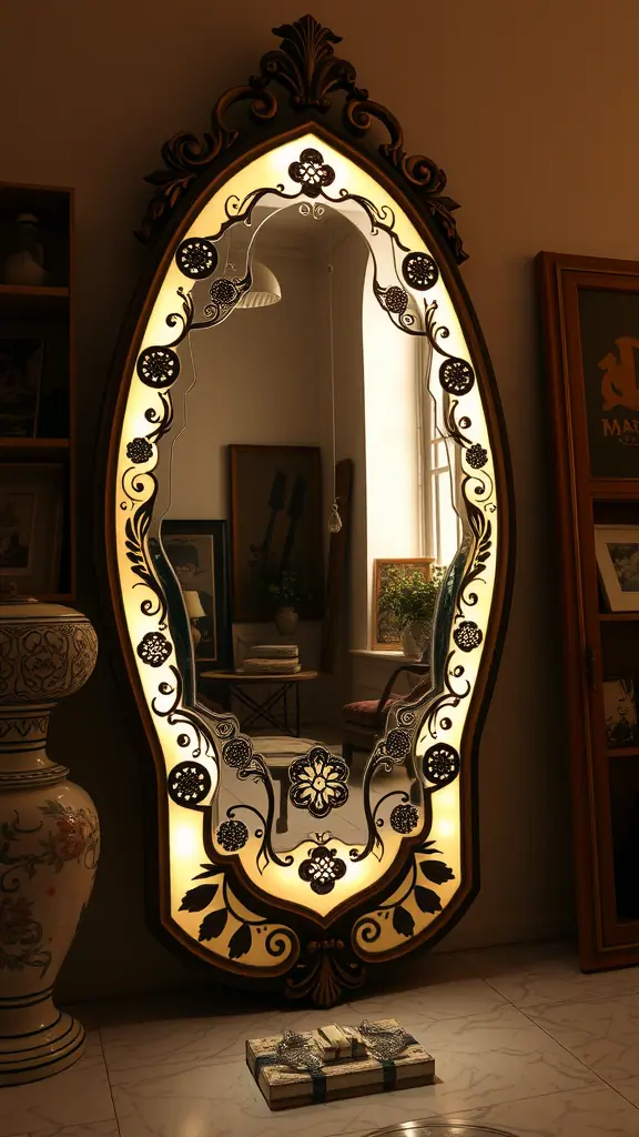An ornate, backlit mirror with floral patterns, illuminated softly, reflecting its surroundings.