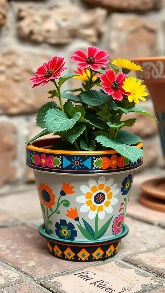 A decorative flower pot with colorful floral designs and vibrant flowers inside.