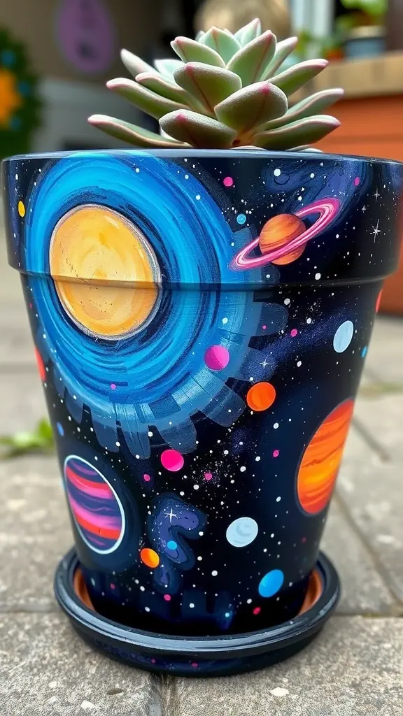 A galaxy-themed flower pot with planets and stars, featuring a succulent plant on top.
