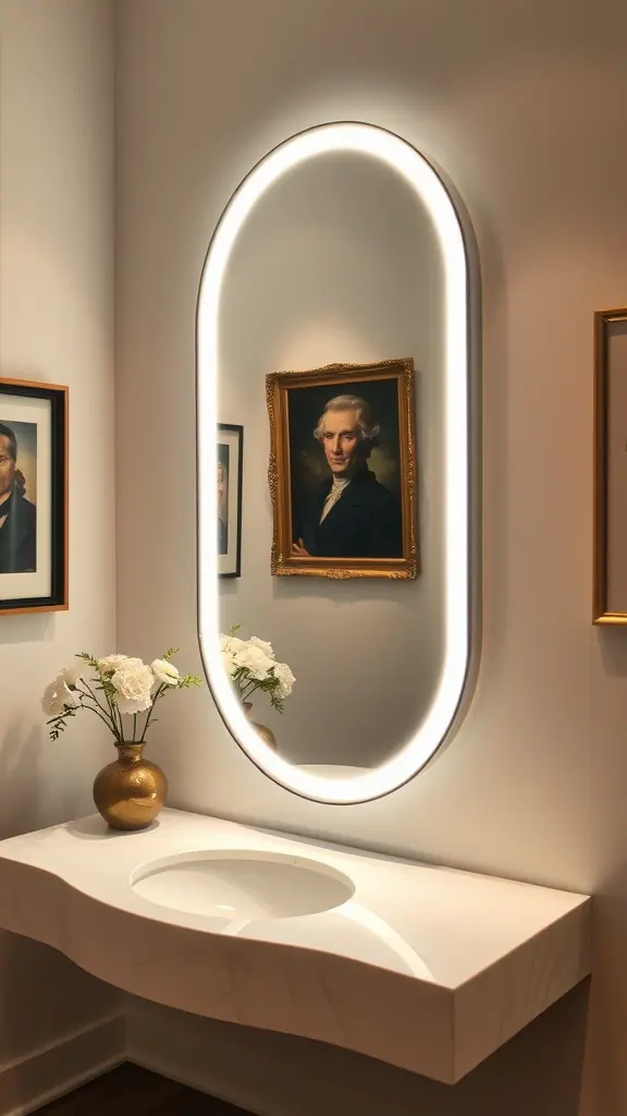 A bathroom with an oval mirror, a marble sink, and framed portraits on the walls.