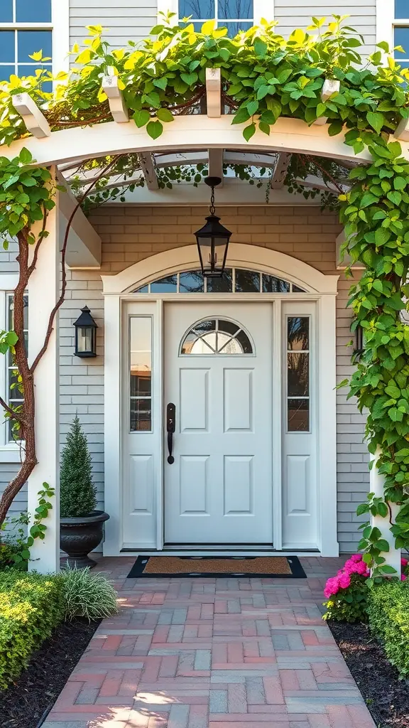 A beautiful home entrance featuring a decorated arbor with lush greenery and flowers.