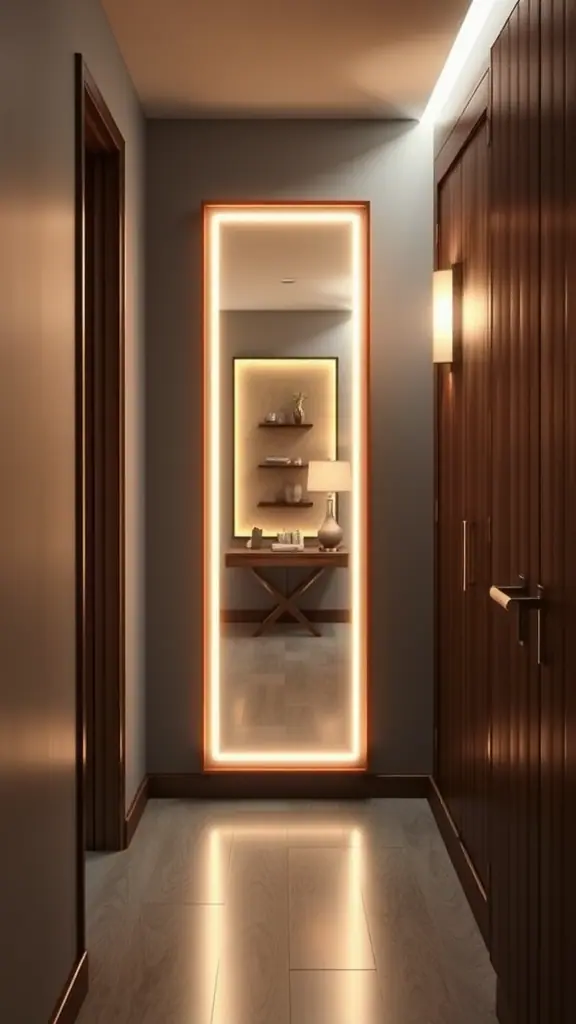 A well-lit hallway featuring a stylish illuminated mirror and wooden paneling.