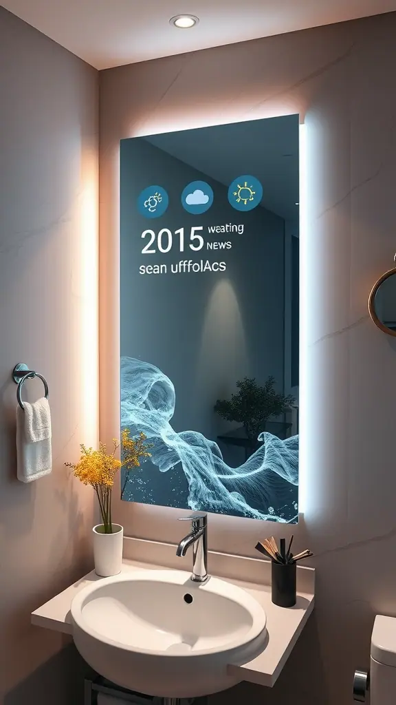 A modern bathroom with a smart mirror displaying weather, news, and other graphics.
