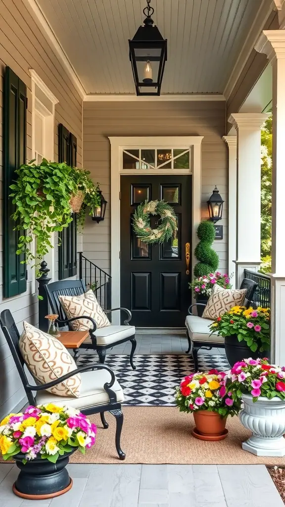 A beautifully decorated porch with flowers, comfortable seating, and a wreath on the door.