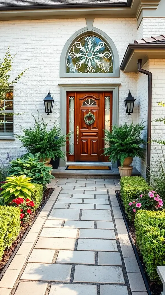 A beautiful front entrance with a well-maintained pathway, lush plants, and a wooden door.