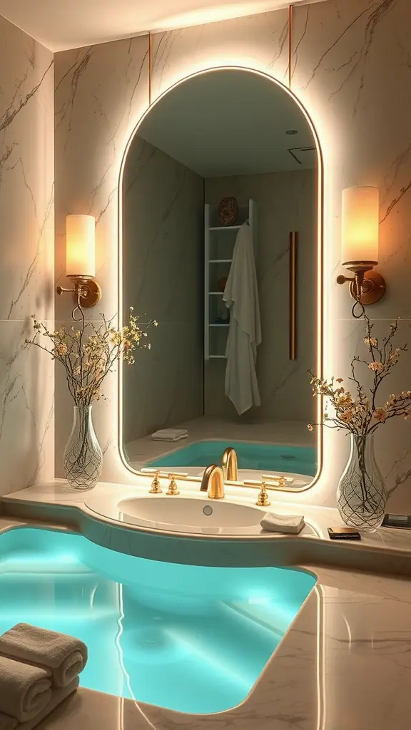 Luxurious spa setting featuring a backlit mirror, elegant lighting, and a soothing bath area.
