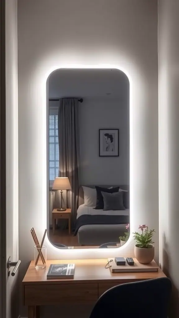 A well-lit mirror reflecting a cozy room with a bed, lamp, and desk