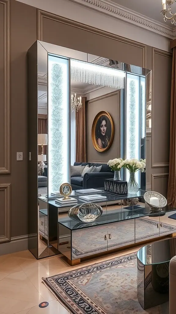 A stylish living room featuring mirrored furniture with decorative elements and a modern design.