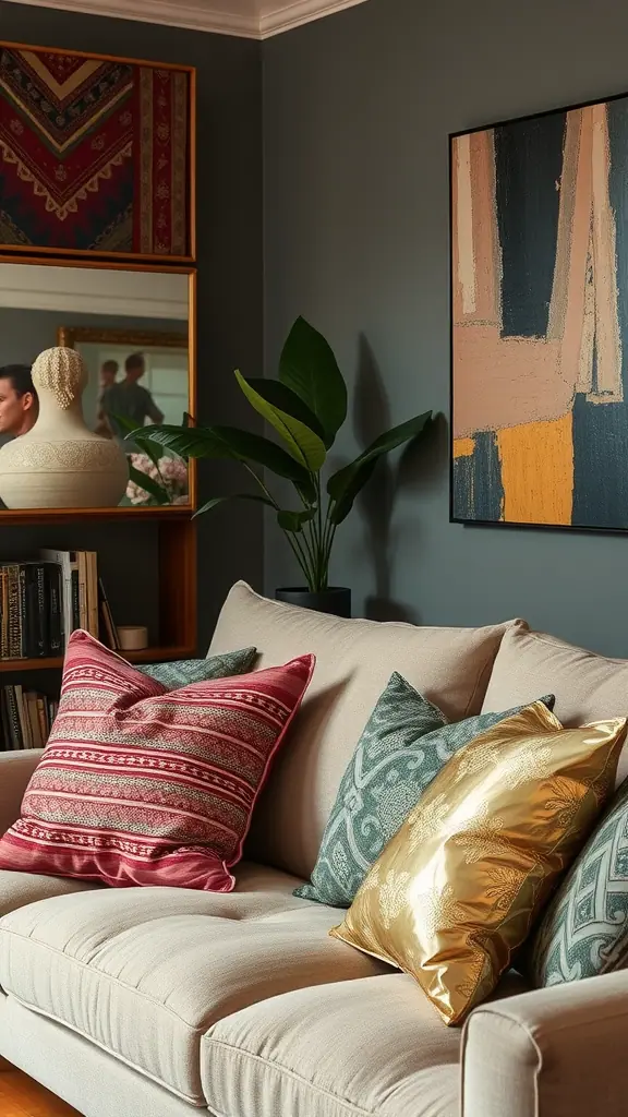 A cozy living room with a beige sofa adorned with various pillows, including patterned and metallic, set against a dark wall and decorative artwork.