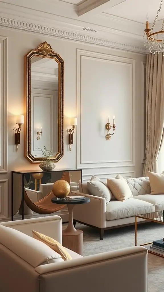 A stylish living room featuring mirrored wall sconces, elegant furniture, and a sophisticated decor.