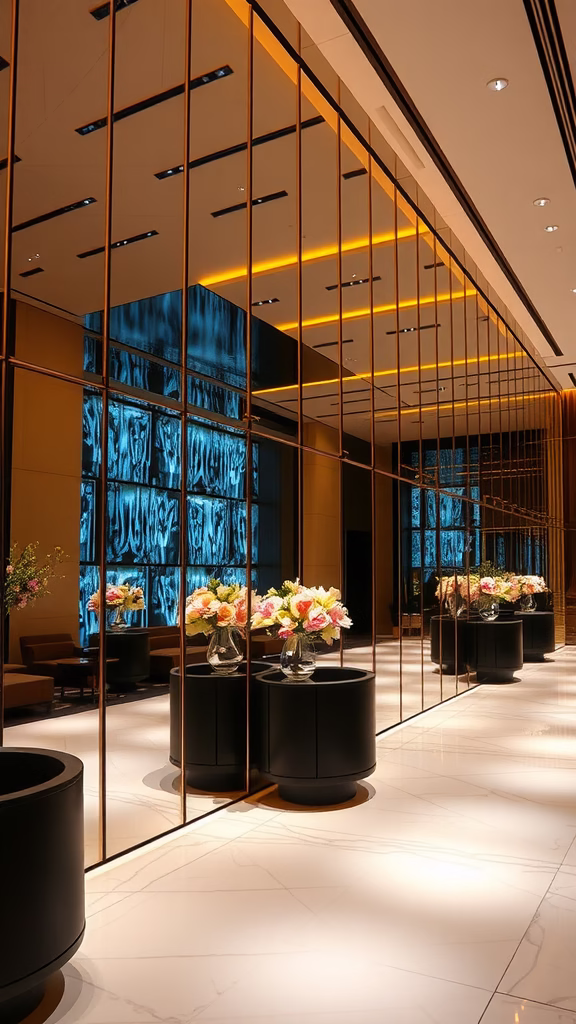 A modern room featuring mirrored walls with integrated lighting and decorative vases of flowers.