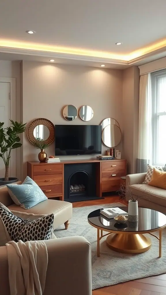 A stylish living room with mirrors, a TV, and comfortable seating.