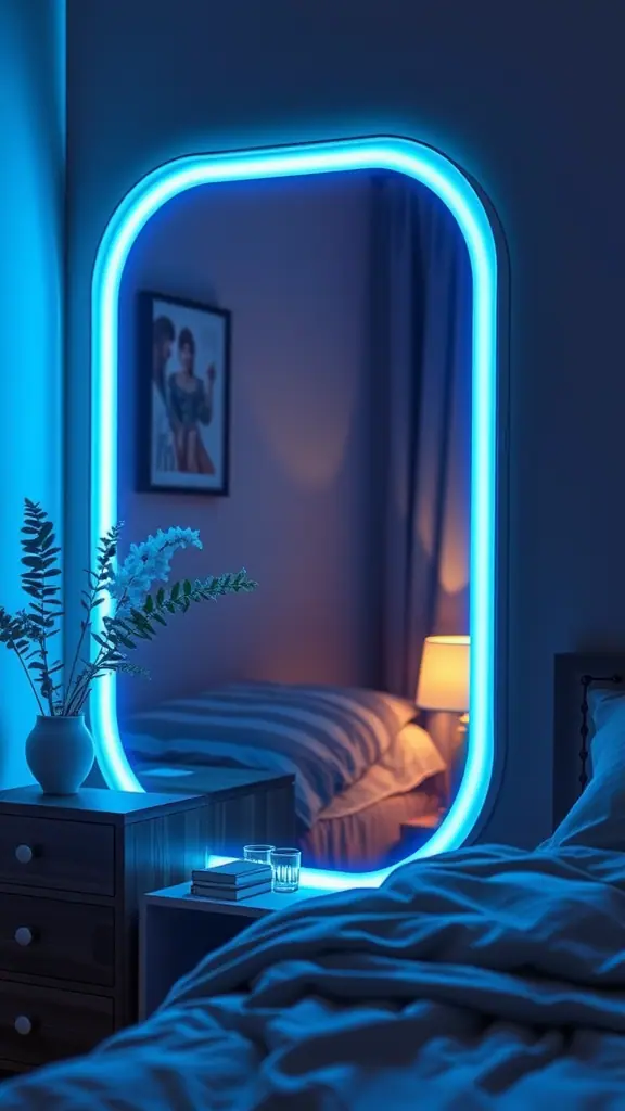 A modern illuminated mirror with a blue glow in a cozy bedroom setting.