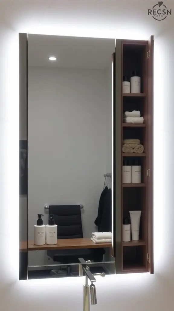 A modern mirror with built-in storage, featuring shelves for toiletries and towels.