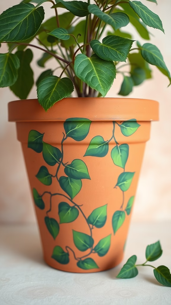 A terracotta pot with painted green leaves, featuring a live plant inside.