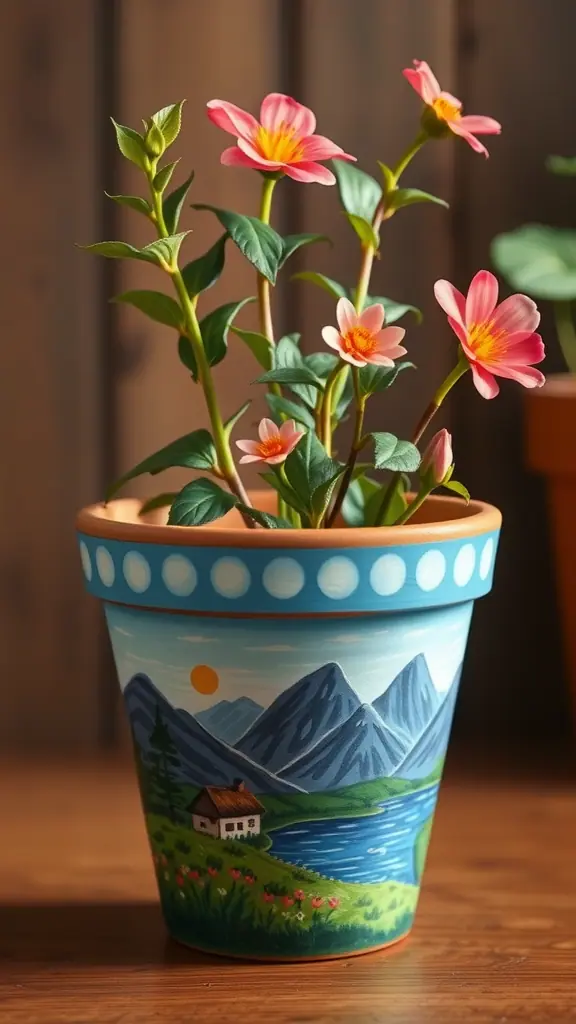 A painted flower pot with pink flowers and a landscape design featuring mountains, a river, and a house.