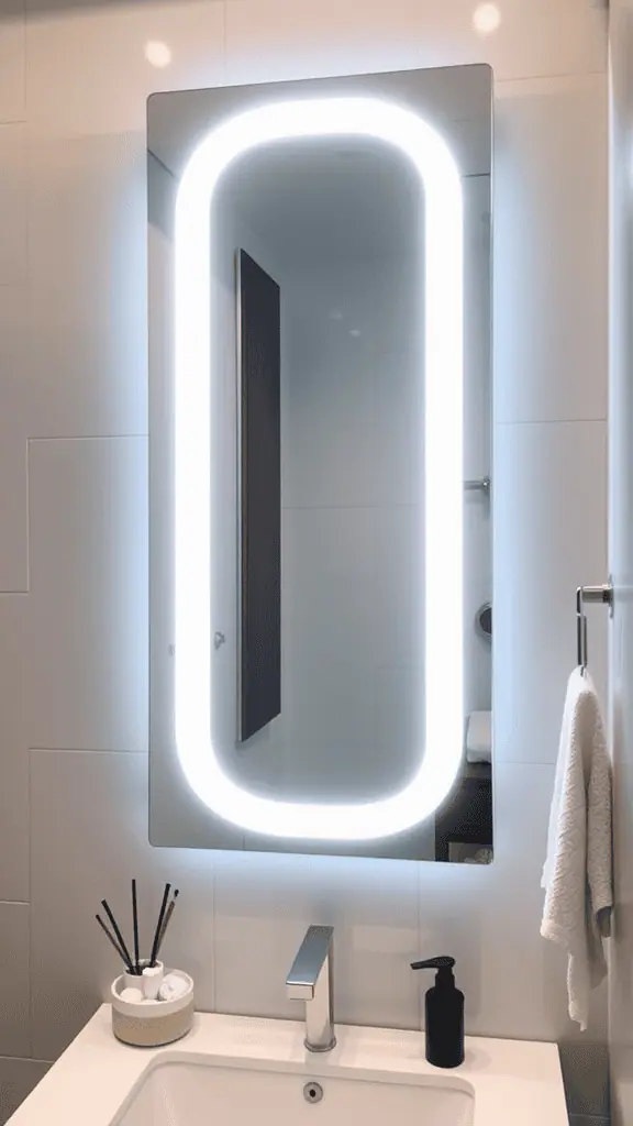 A modern bathroom mirror with integrated LED lights.