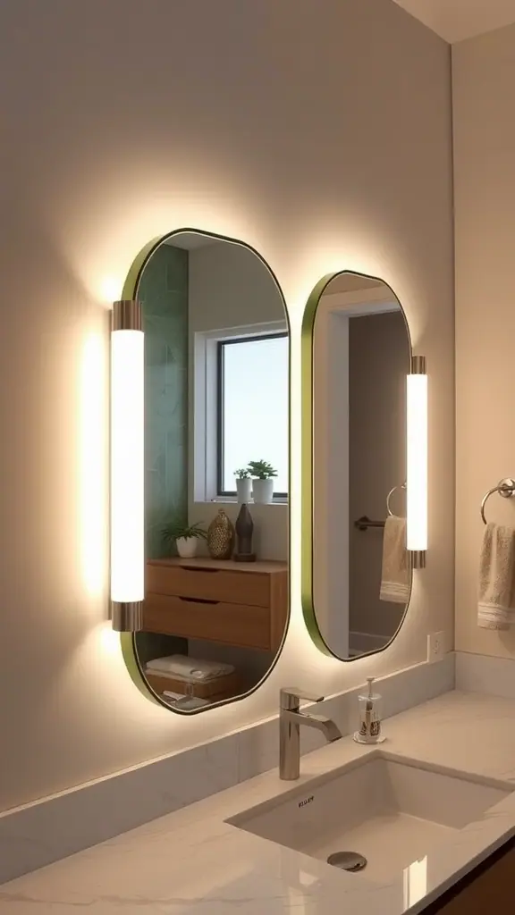 A modern bathroom featuring two backlit mirrors with green accents and stylish lighting.