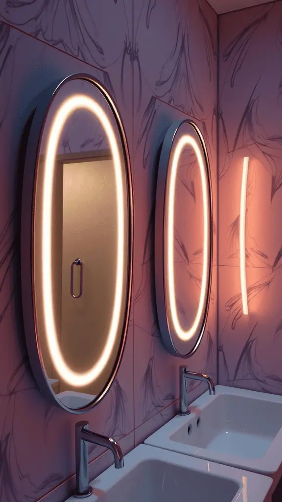 Two oval backlit mirrors above white sinks against a patterned wall.