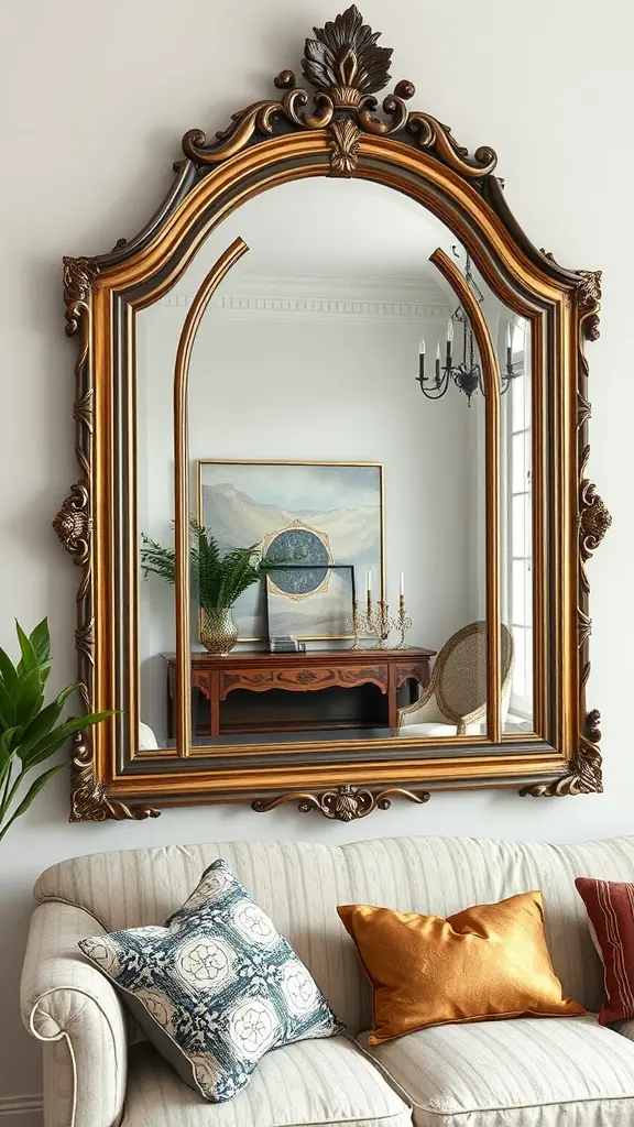 A beautifully framed mirror in a stylish living room setting.