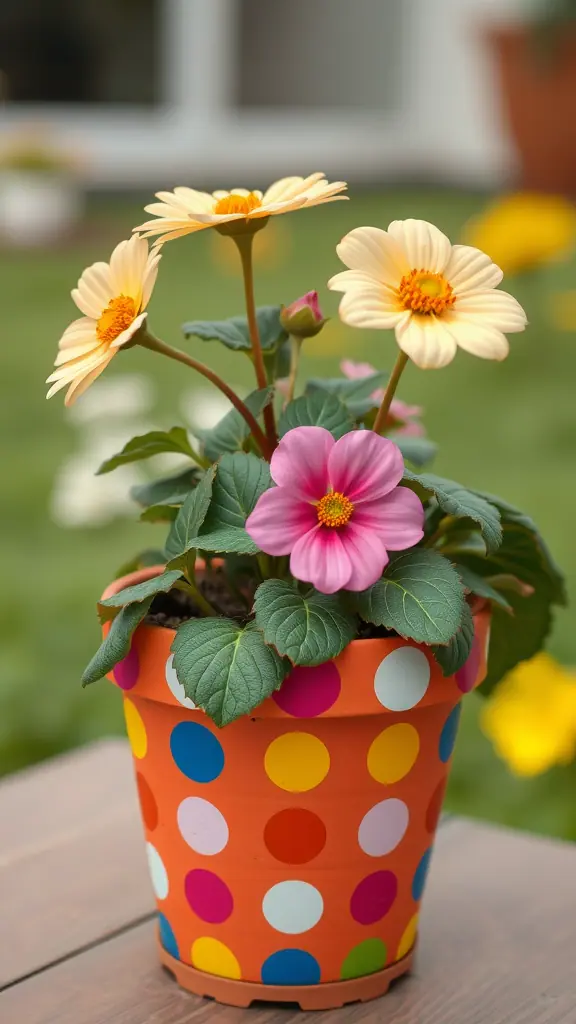 A colorful pot with polka dots filled with flowers, featuring yellow and pink blooms.