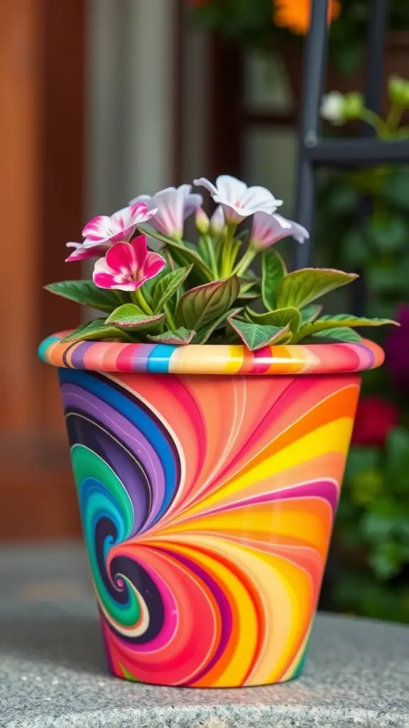 A colorful pot with a rainbow swirl design holding blooming flowers.