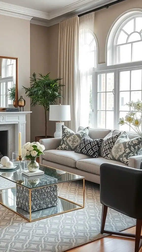 A cozy living room featuring a coffee table with a glass top, decorative pillows, and a plant.
