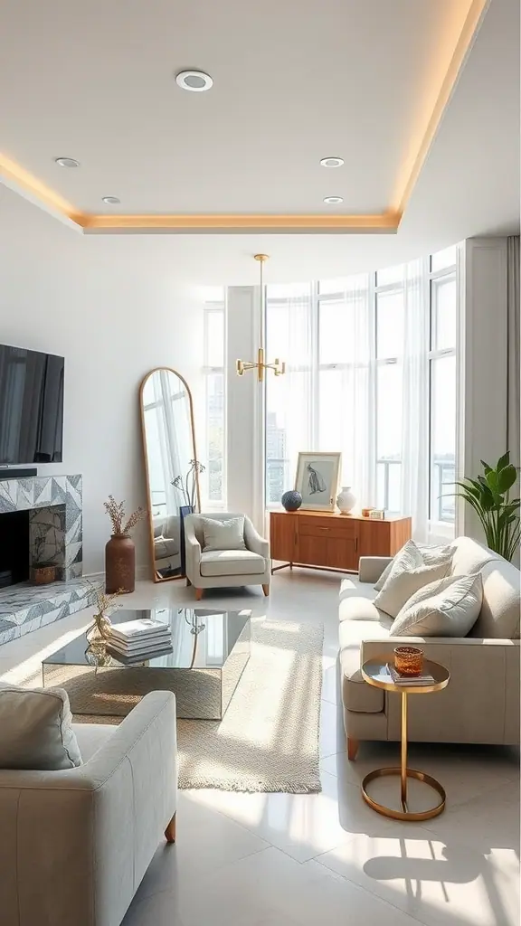 A bright and stylish living room with reflective surfaces, including a glass coffee table and a large mirror.