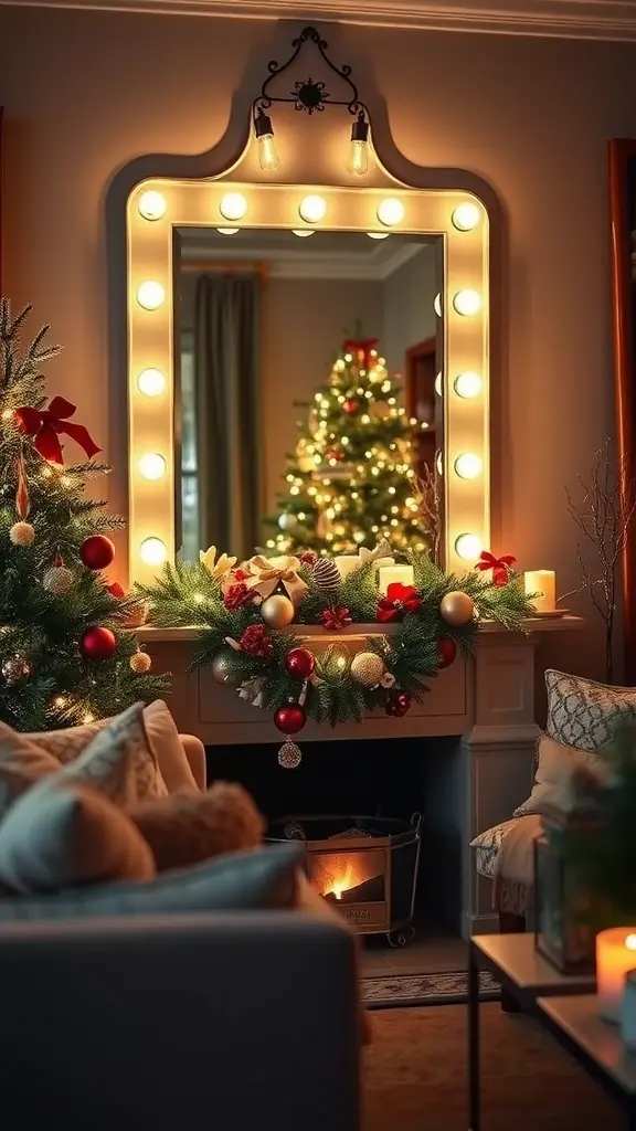 Cozy living room decorated for the holidays with a backlit mirror, Christmas tree, and festive garlands.