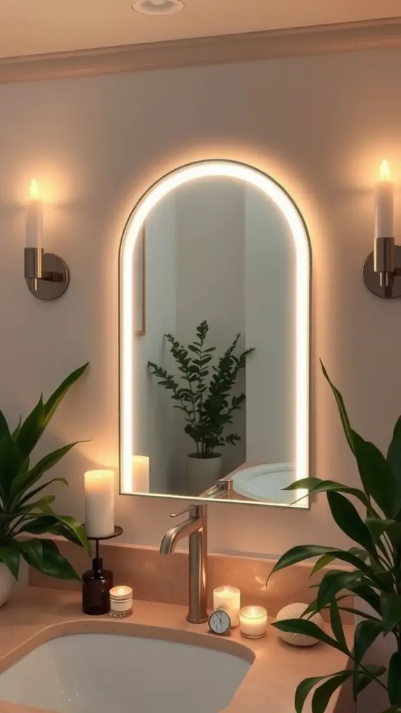 A beautifully lit bathroom with warm candlelight, a mirror, and plants creating a soothing atmosphere.