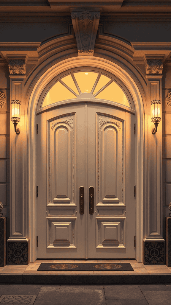 A pair of elegant double doors with intricate designs and warm lighting.