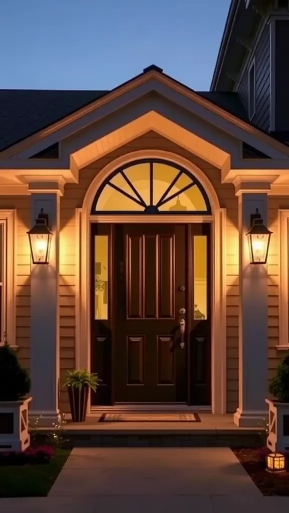 A beautifully lit entryway with a dark wooden door and warm illumination from side lanterns.