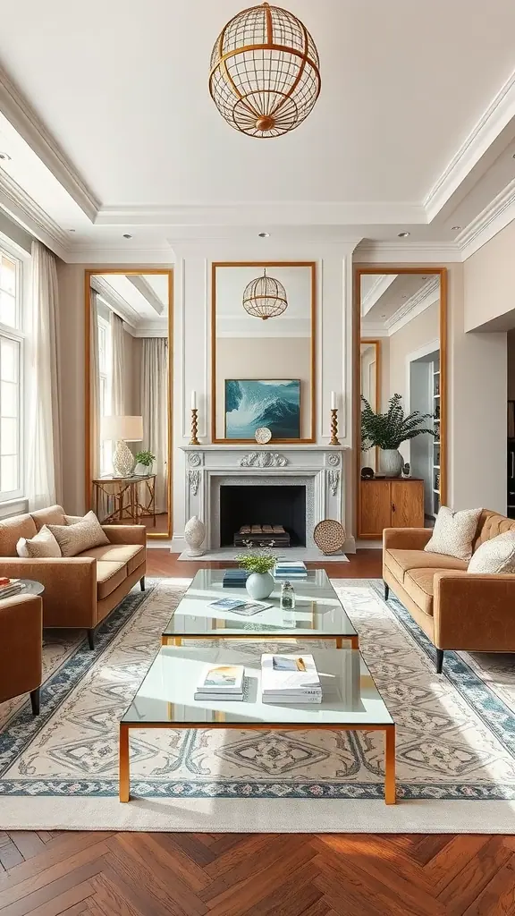 A beautifully arranged living room with symmetrical mirrors, cozy seating, and a stylish coffee table.