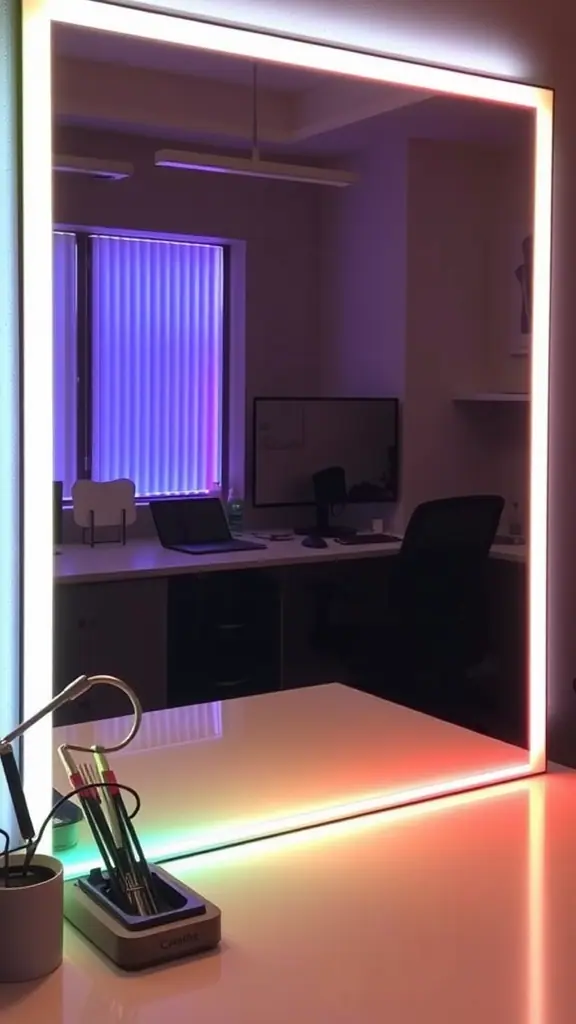 A well-lit workspace featuring a mirror with colorful LED lights reflecting a modern office design.